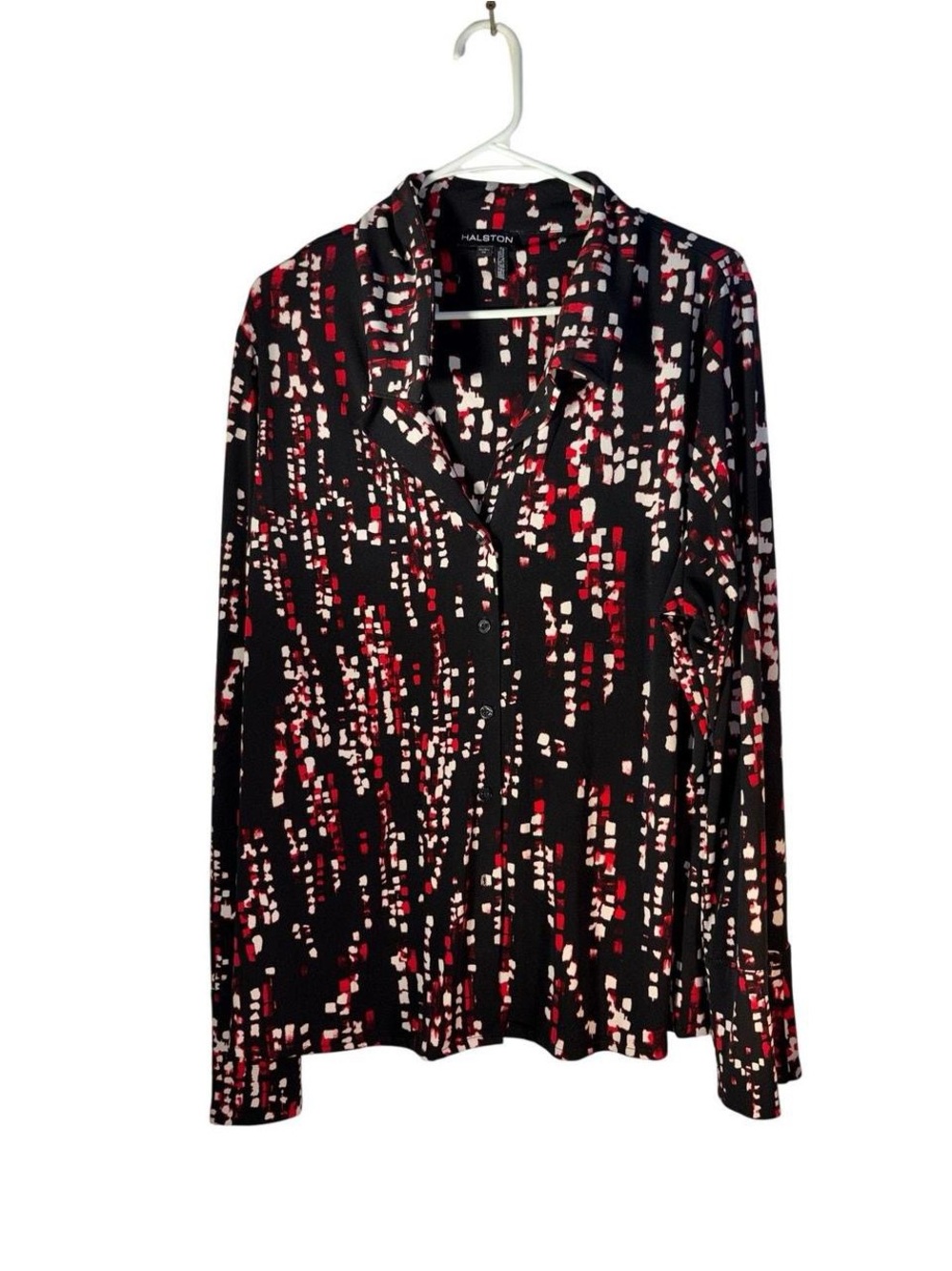 Halston Heritage Black Blouse with Red & Cream Abstract Print